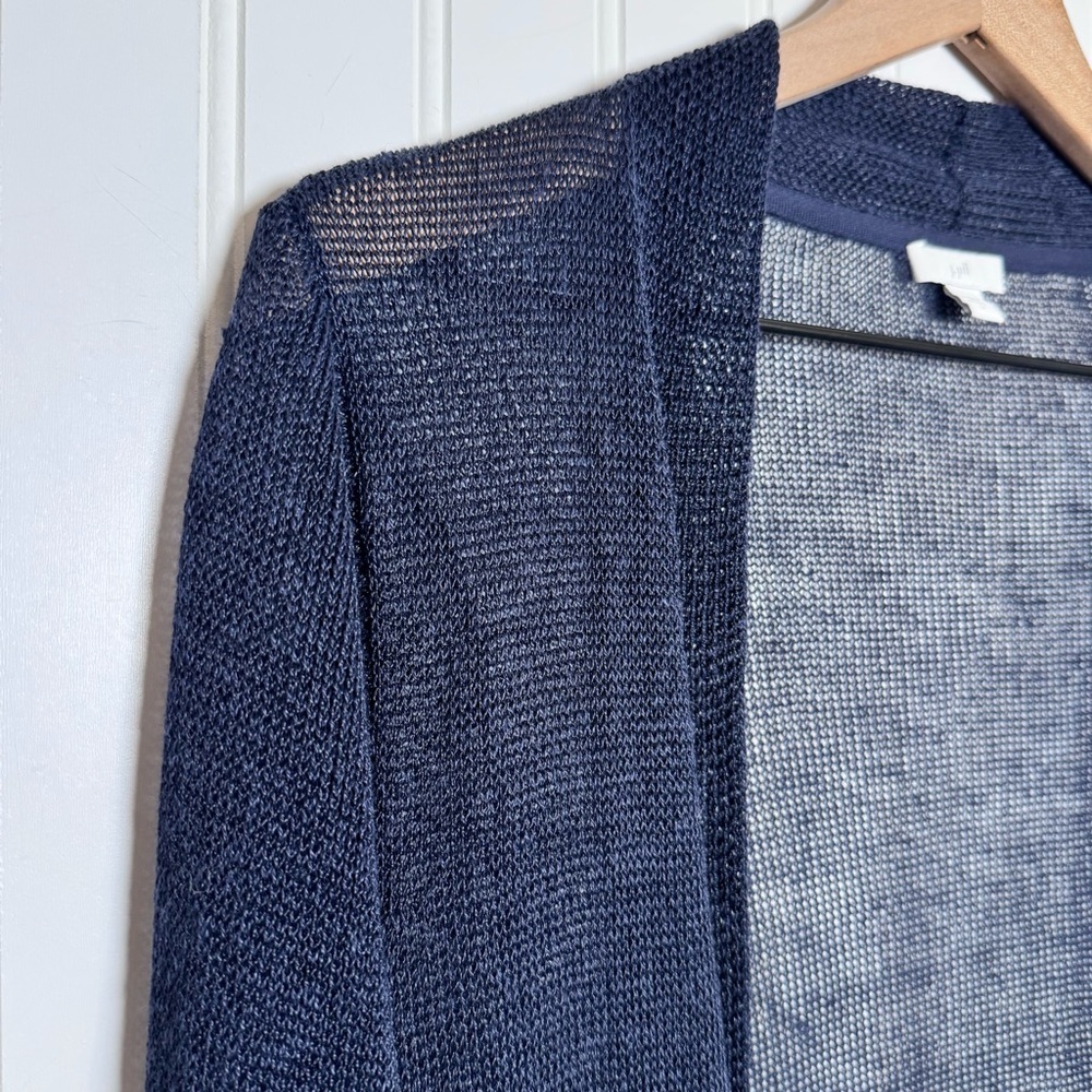 J. Jill Linen Blend Open Front Long Cardigan Navy Blue Pockets Womens Size Large - Picture 2 of 12